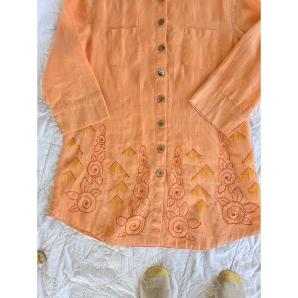J. Jill Women's Medium 100% Linen Embroidered Tunic Top Peach 3 Quarter Sleeve - Picture 2 of 16